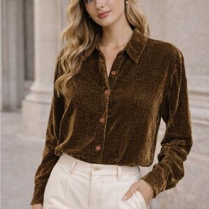 Henri Bendel Brown Velvet Croc Print Button Down Blouse Silk Blend 36034